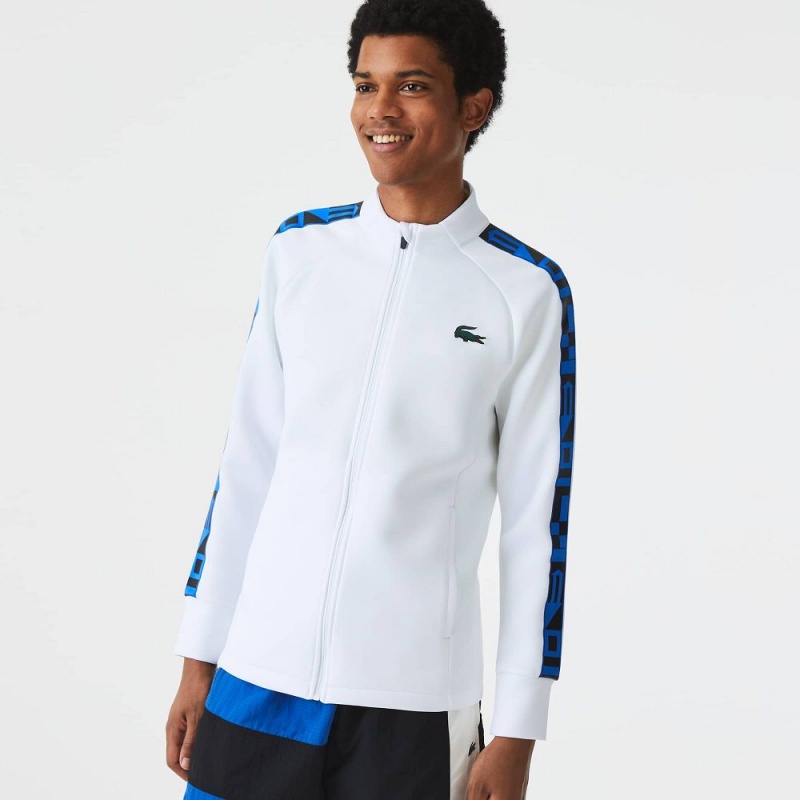 Men's Lacoste SPORT Printed Zip-Up Tennis Sweatshirt White | EYA579064