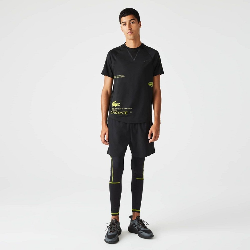 Men's Lacoste SPORT Stretch Jersey T-Shirt Black Yellow | PLR538410