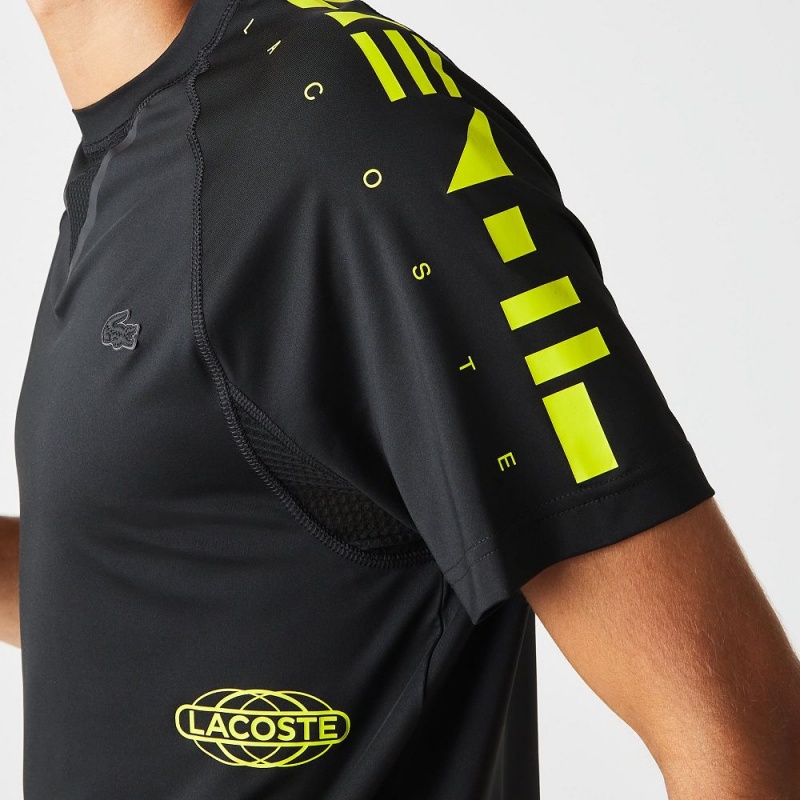 Men's Lacoste SPORT Stretch Jersey T-Shirt Black Yellow | PLR538410