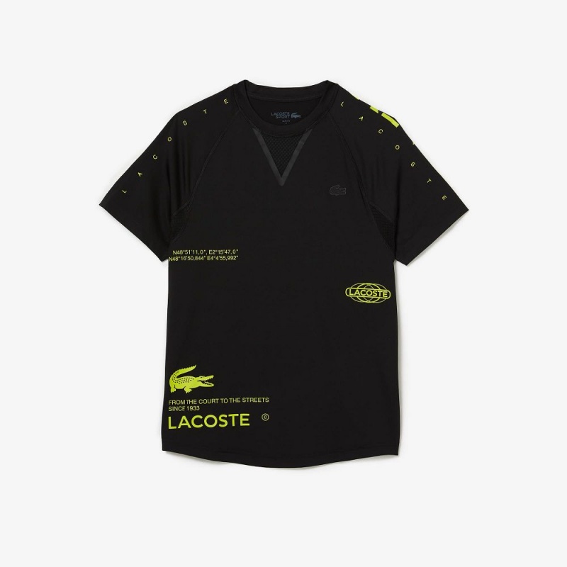 Men's Lacoste SPORT Stretch Jersey T-Shirt Black Yellow | PLR538410