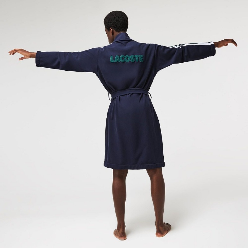 Men's Lacoste SPORT Textured Badges Cotton Piqué Robe Pajamas Navy Blue | KHV346751