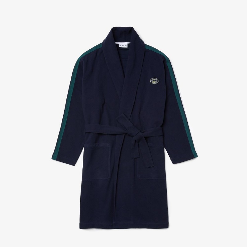 Men's Lacoste SPORT Textured Badges Cotton Piqué Robe Pajamas Navy Blue | KHV346751