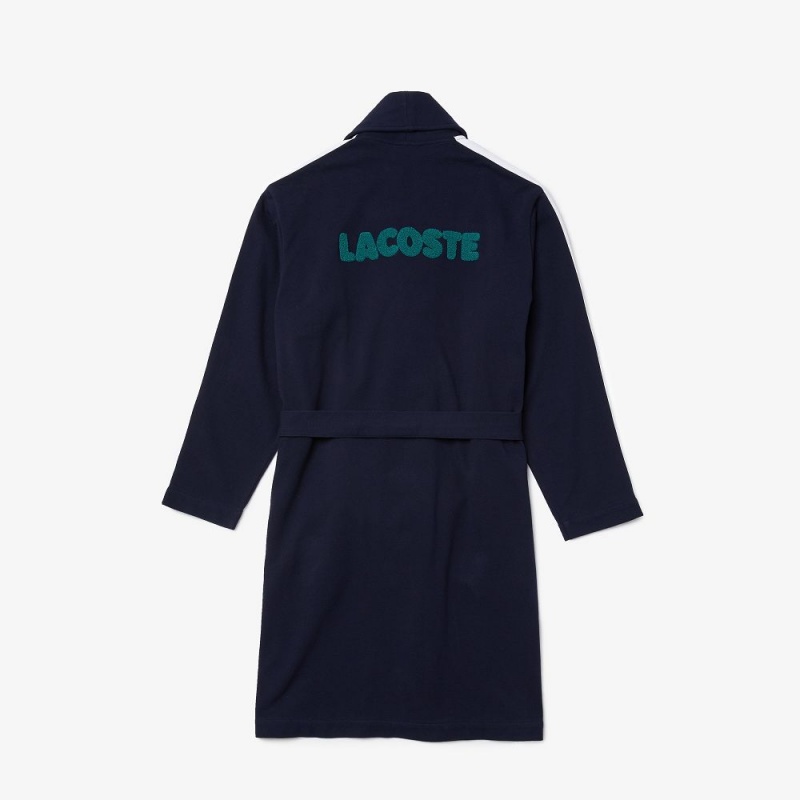 Men's Lacoste SPORT Textured Badges Cotton Piqué Robe Pajamas Navy Blue | KHV346751