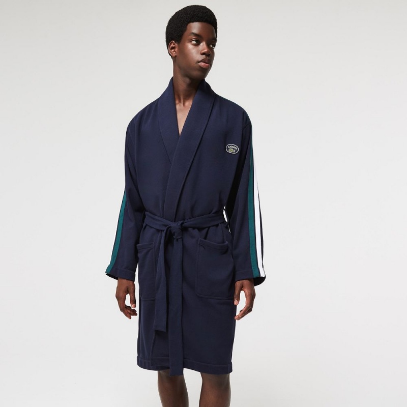 Men's Lacoste SPORT Textured Badges Cotton Piqué Robe Pajamas Navy Blue | KHV346751