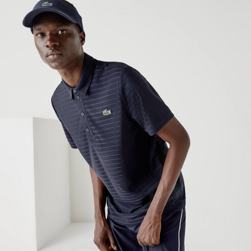 Men's Lacoste SPORT Textured Breathable Golf Polo Shirts Navy Blue | KCO798031