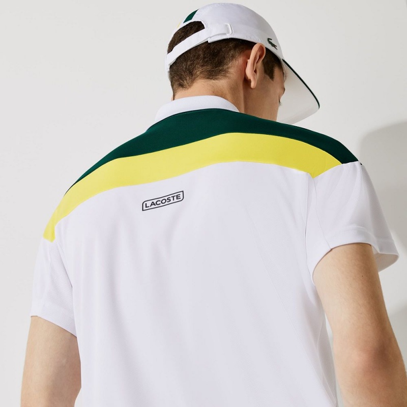 Men's Lacoste SPORT Thermo-Regulating Piqué Regular Fit Polo Shirts White Green Yellow Black | DEX576204