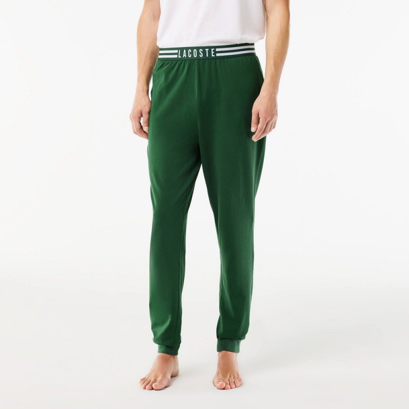 Men's Lacoste Set with Contrast Logo Print Pants Pajamas White Green | EOB782549