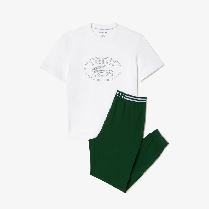 Men's Lacoste Set with Contrast Logo Print Pants Pajamas White Green | EOB782549