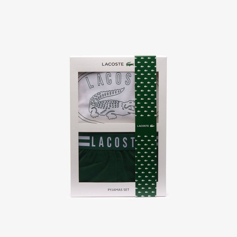 Men's Lacoste Set with Contrast Logo Print Pants Pajamas White Green | EOB782549