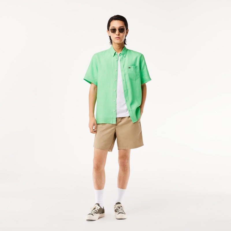 Men's Lacoste Short Sleeve Linen Shirt Green | XKF856319