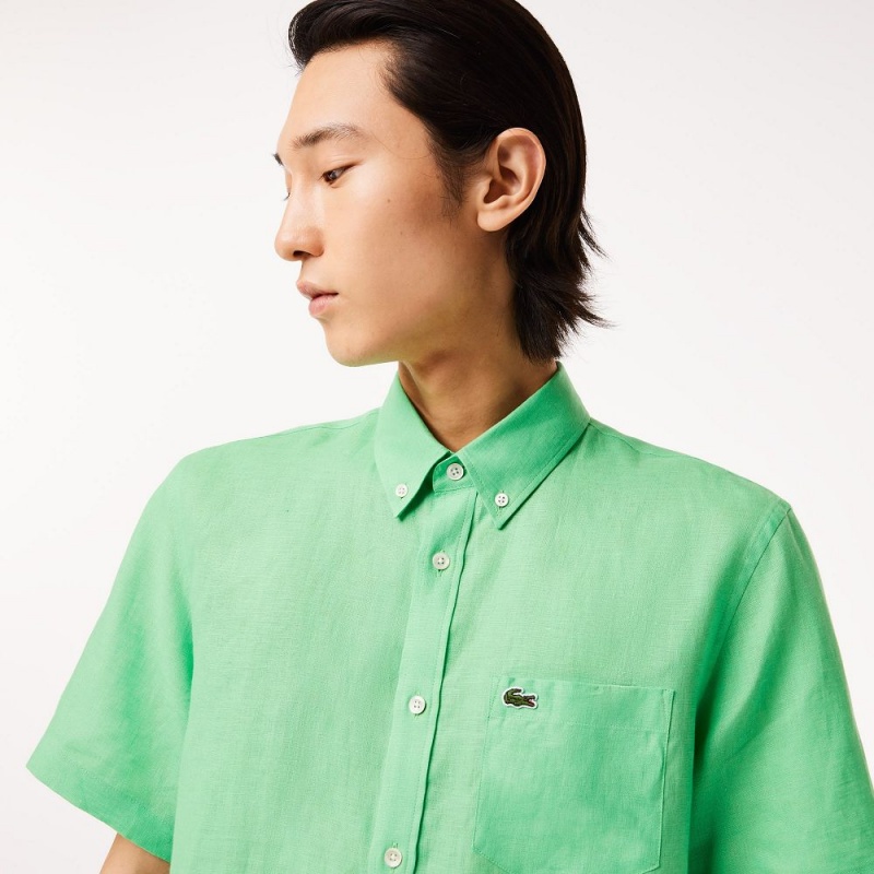 Men's Lacoste Short Sleeve Linen Shirt Green | XKF856319