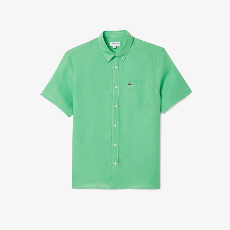 Men's Lacoste Short Sleeve Linen Shirt Green | XKF856319