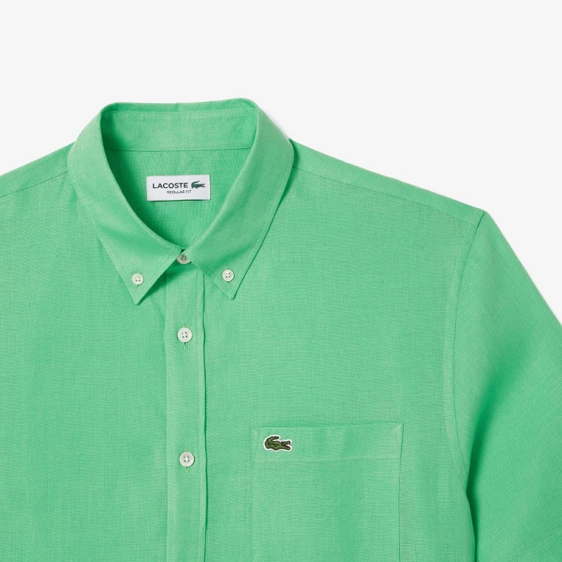 Men's Lacoste Short Sleeve Linen Shirt Green | XKF856319