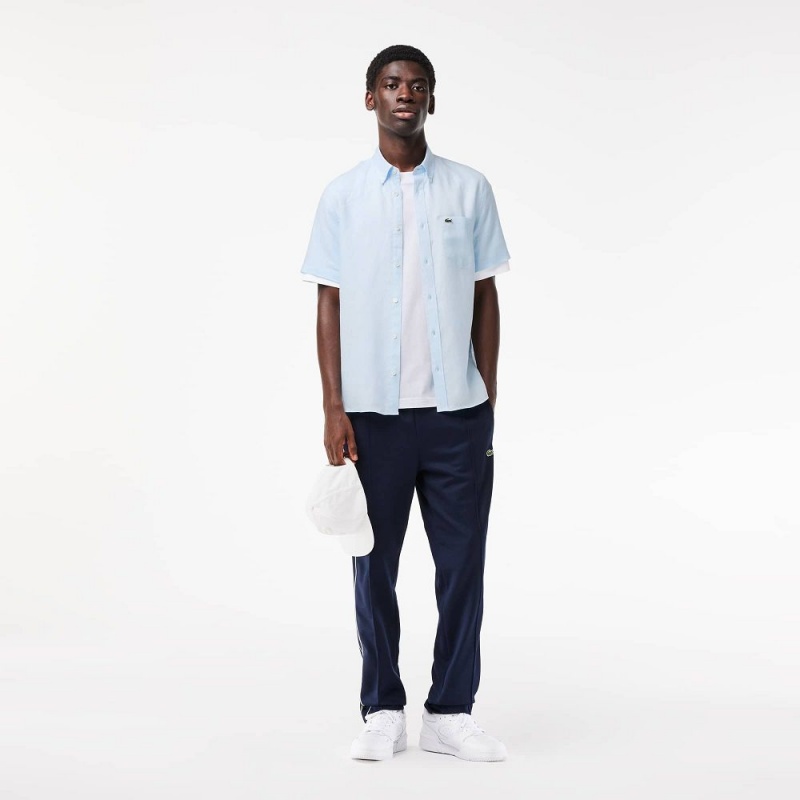 Men's Lacoste Short Sleeve Linen Shirt Light Blue | ZAF678391