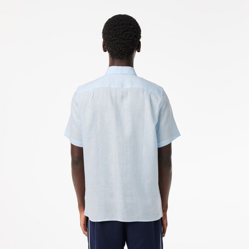 Men's Lacoste Short Sleeve Linen Shirt Light Blue | ZAF678391