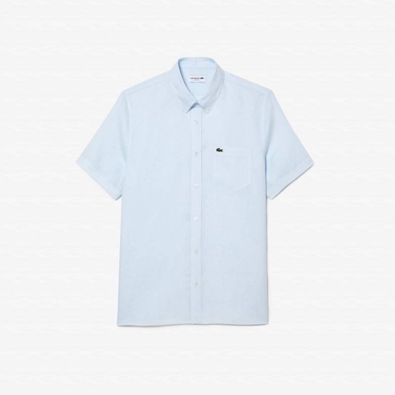 Men's Lacoste Short Sleeve Linen Shirt Light Blue | ZAF678391