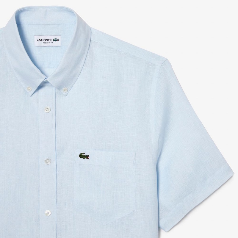 Men's Lacoste Short Sleeve Linen Shirt Light Blue | ZAF678391