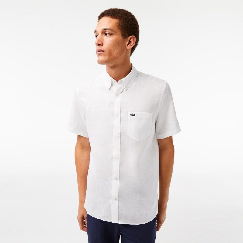 Men's Lacoste Short Sleeve Linen Shirt White | CMD039642