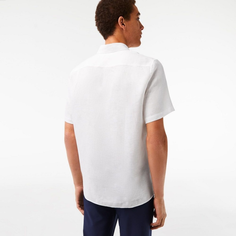 Men's Lacoste Short Sleeve Linen Shirt White | CMD039642