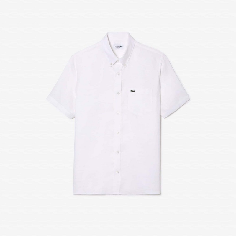 Men's Lacoste Short Sleeve Linen Shirt White | CMD039642