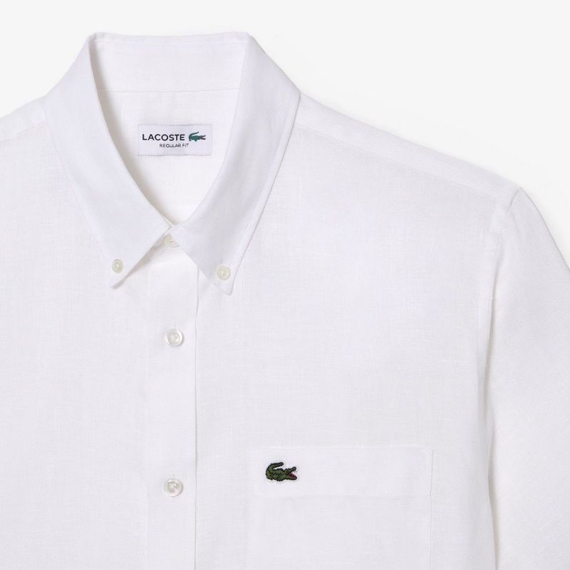 Men's Lacoste Short Sleeve Linen Shirt White | CMD039642