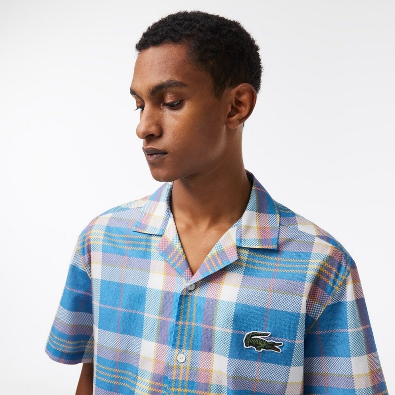 Men's Lacoste Short Sleeve Organic Cotton Check Shirt Blue White | UYA574893