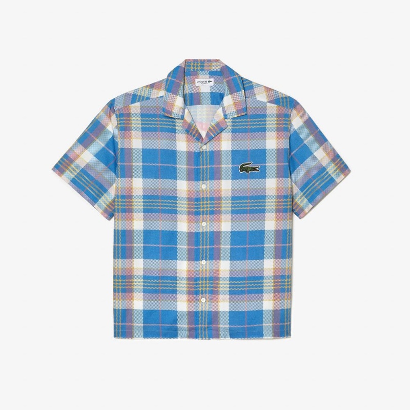 Men's Lacoste Short Sleeve Organic Cotton Check Shirt Blue White | UYA574893