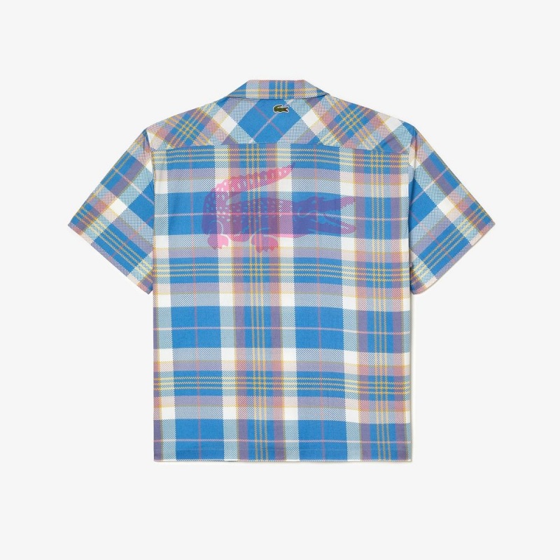 Men's Lacoste Short Sleeve Organic Cotton Check Shirt Blue White | UYA574893