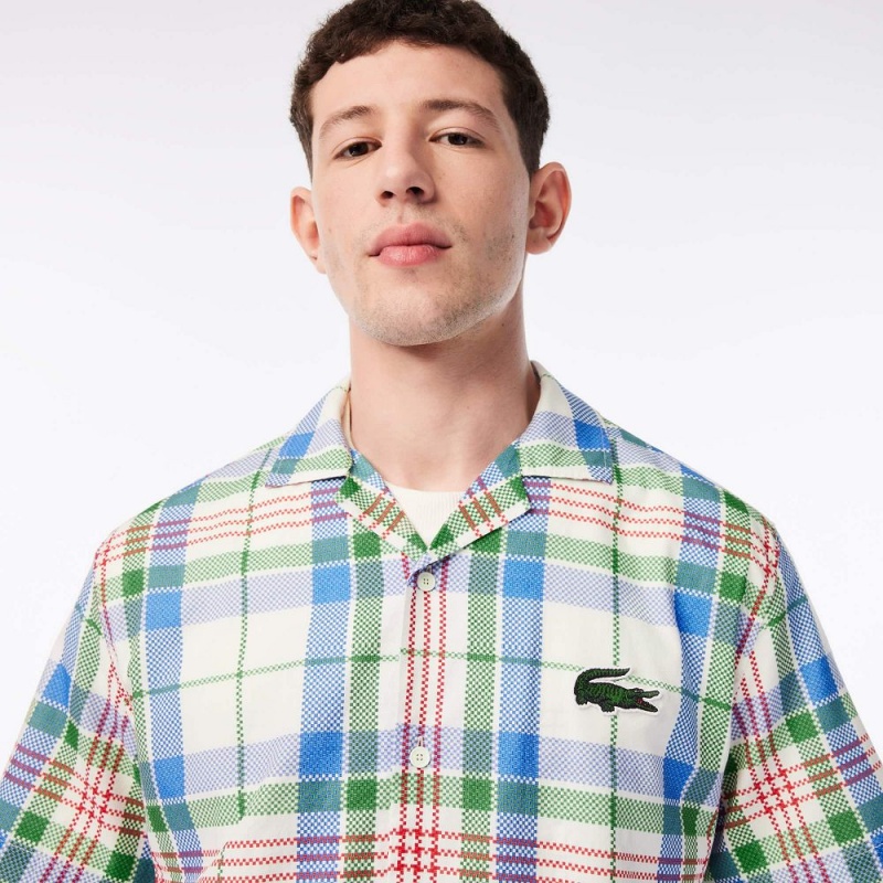 Men's Lacoste Short Sleeve Organic Cotton Check Shirt White | KQP267189