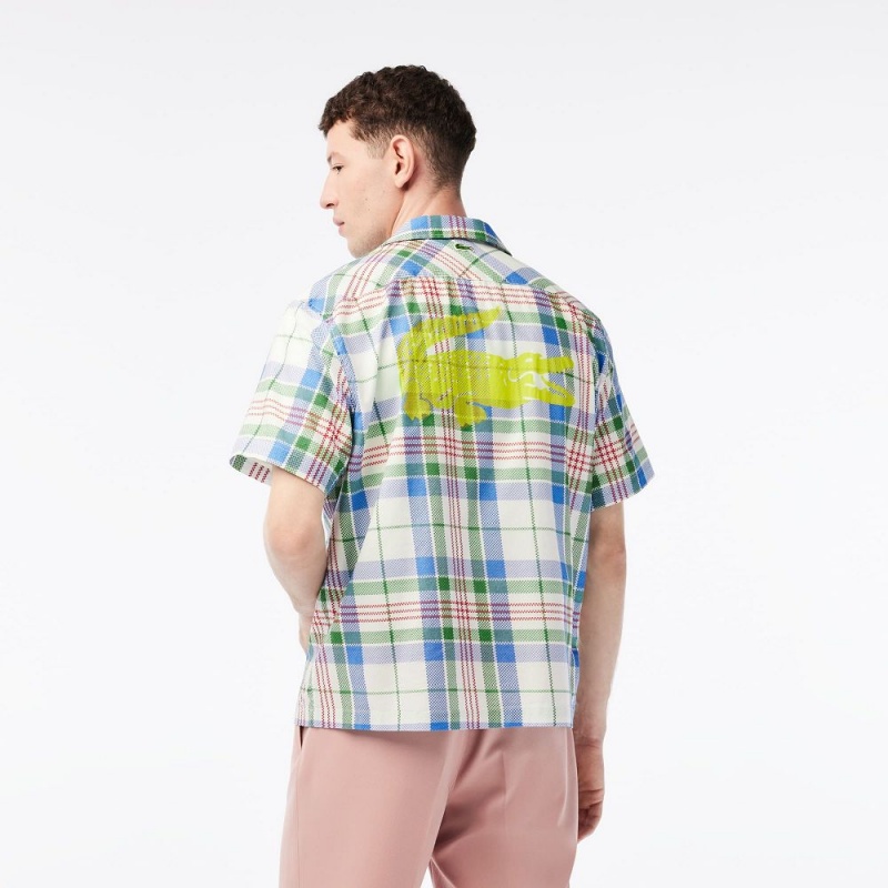 Men's Lacoste Short Sleeve Organic Cotton Check Shirt White | KQP267189