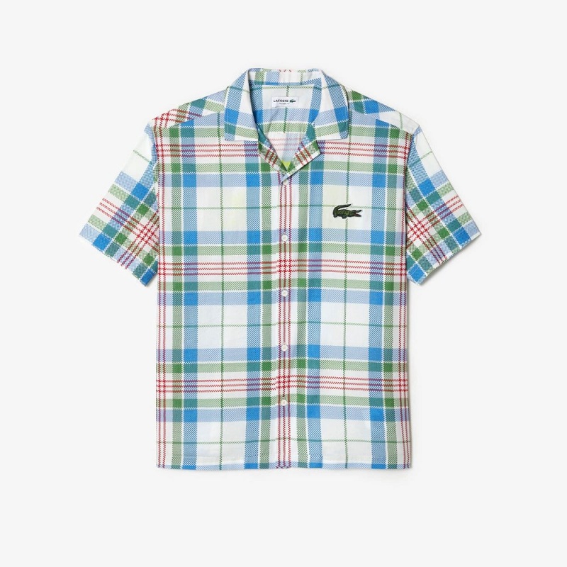 Men's Lacoste Short Sleeve Organic Cotton Check Shirt White | KQP267189