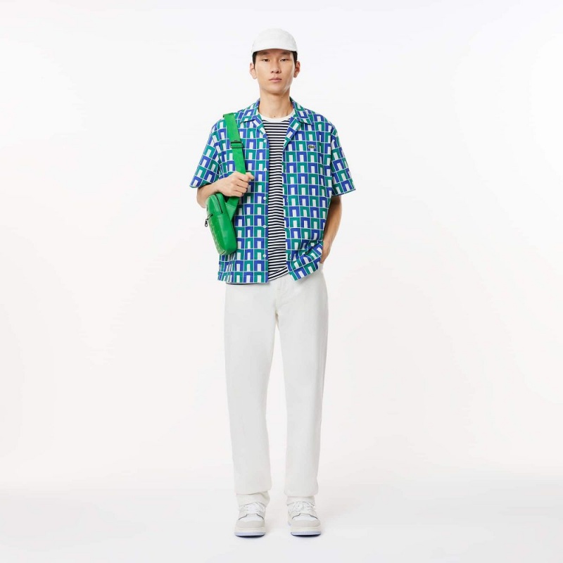 Men's Lacoste Short Sleeve Patterned Shirt White Blue Green | QAH791685