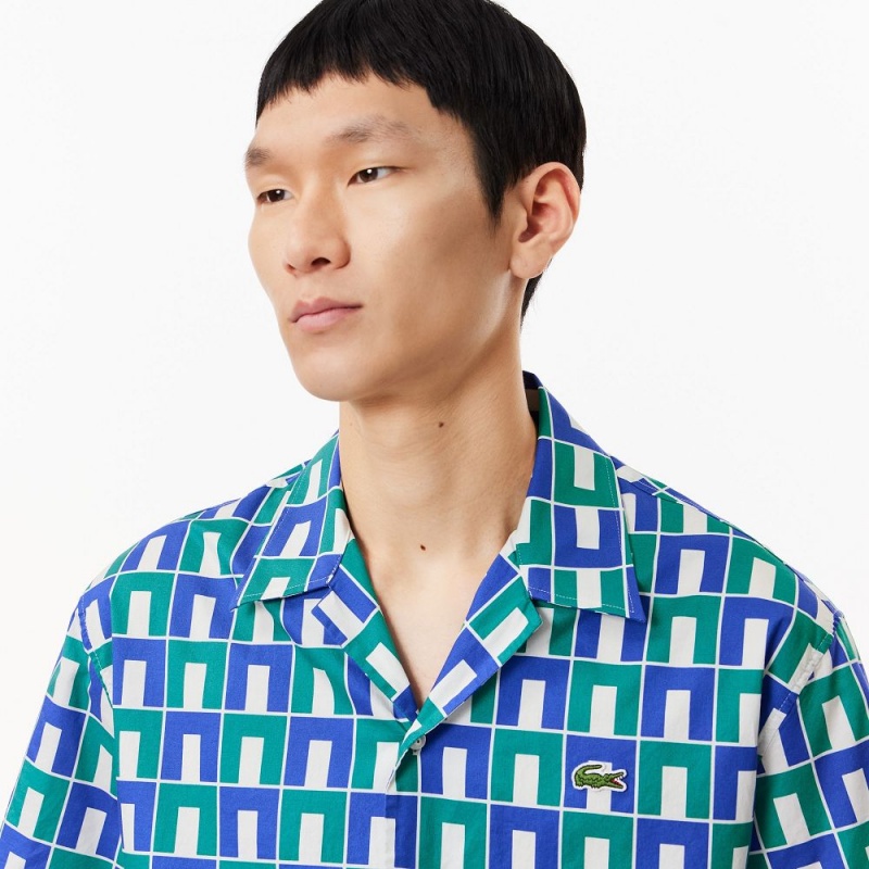 Men's Lacoste Short Sleeve Patterned Shirt White Blue Green | QAH791685