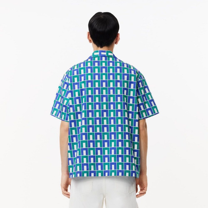 Men's Lacoste Short Sleeve Patterned Shirt White Blue Green | QAH791685