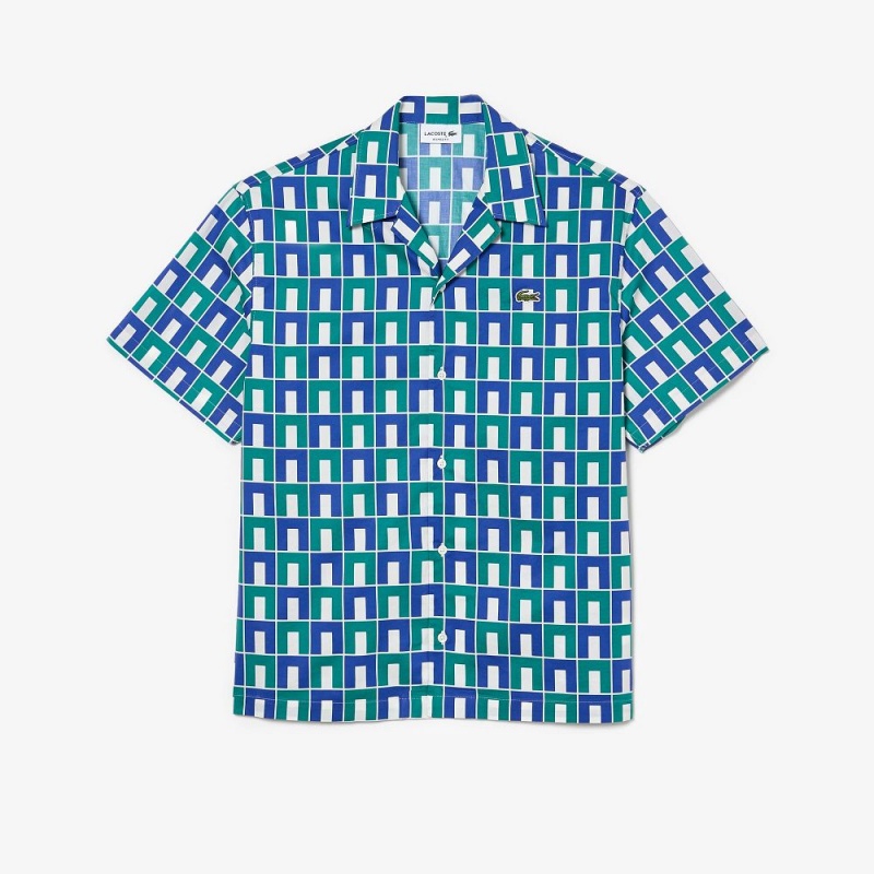 Men's Lacoste Short Sleeve Patterned Shirt White Blue Green | QAH791685