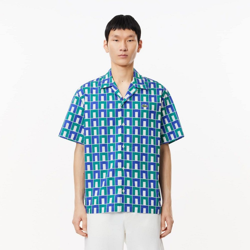 Men\'s Lacoste Short Sleeve Patterned Shirt White Blue Green | QAH791685