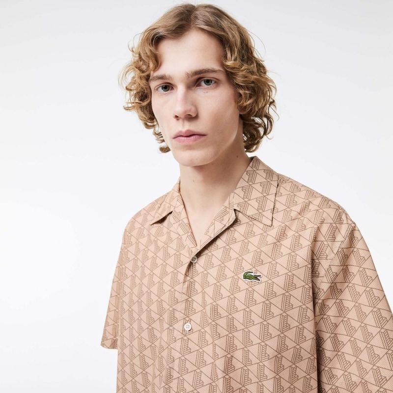 Men's Lacoste Short Sleeved Monogram Print Shirt Beige Brown | ZPG026147