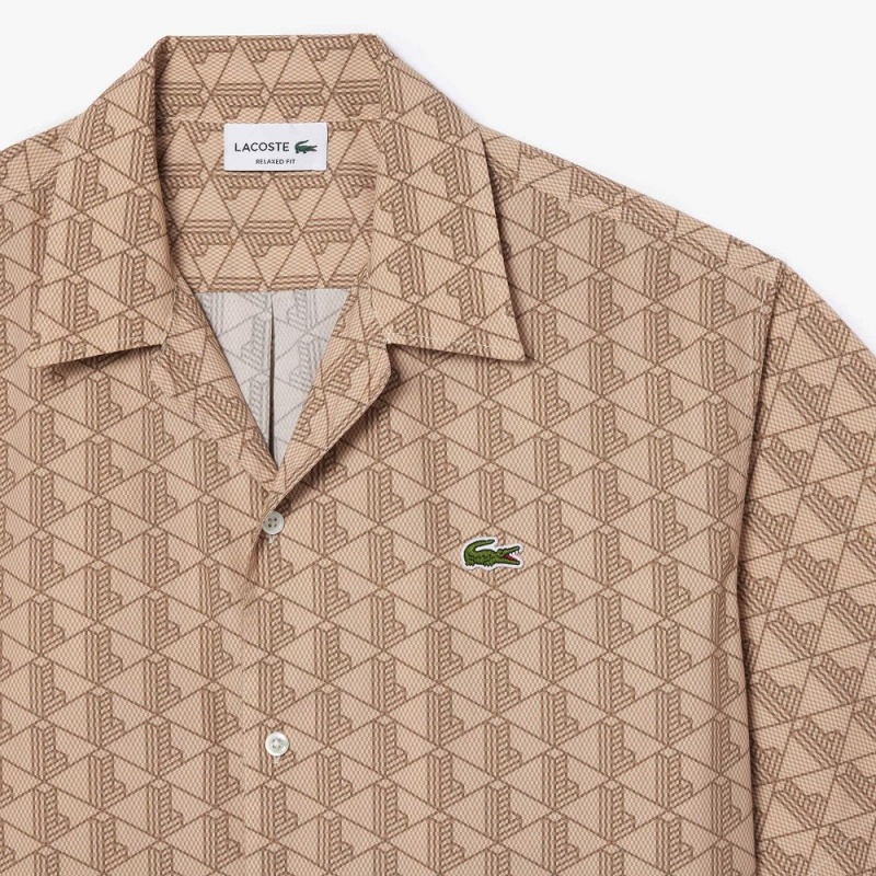 Men's Lacoste Short Sleeved Monogram Print Shirt Beige Brown | ZPG026147