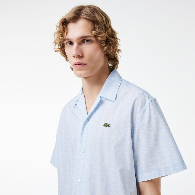 Men's Lacoste Short Sleeved Monogram Print Shirt Light Blue White | FMX976253