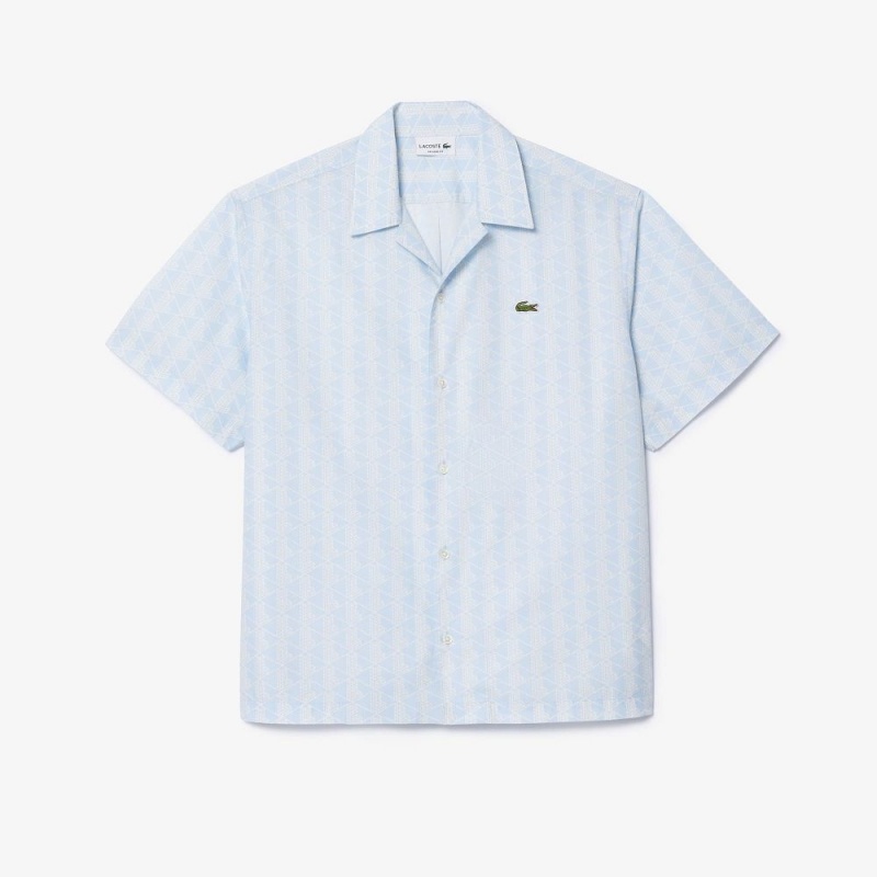 Men's Lacoste Short Sleeved Monogram Print Shirt Light Blue White | FMX976253