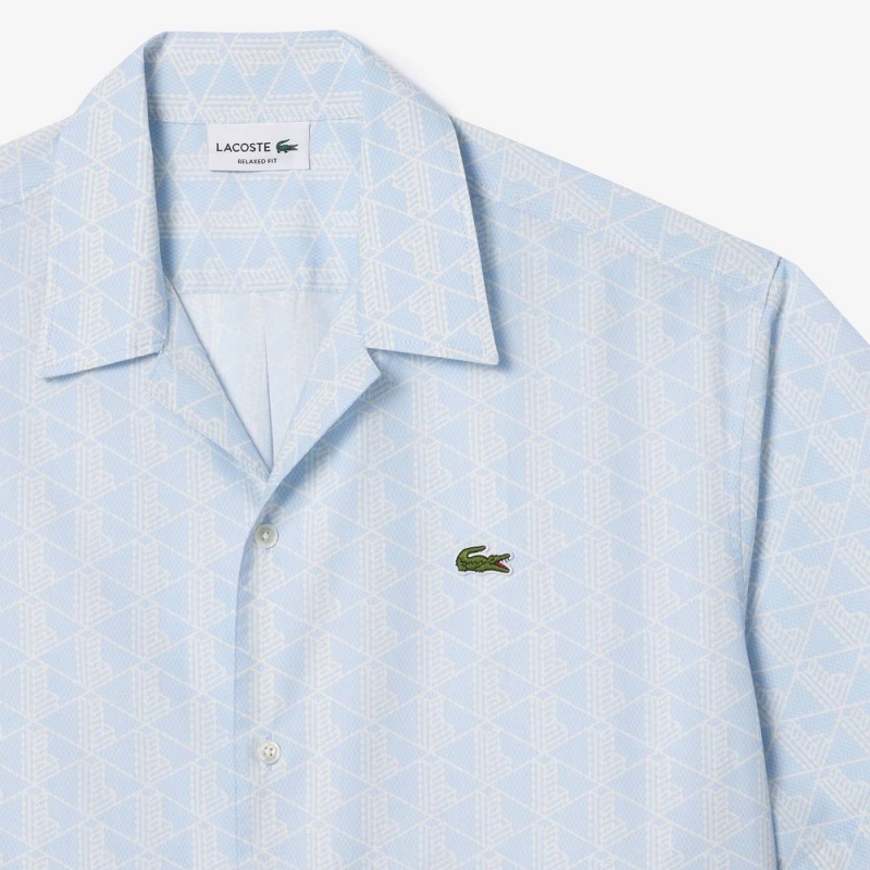 Men's Lacoste Short Sleeved Monogram Print Shirt Light Blue White | FMX976253