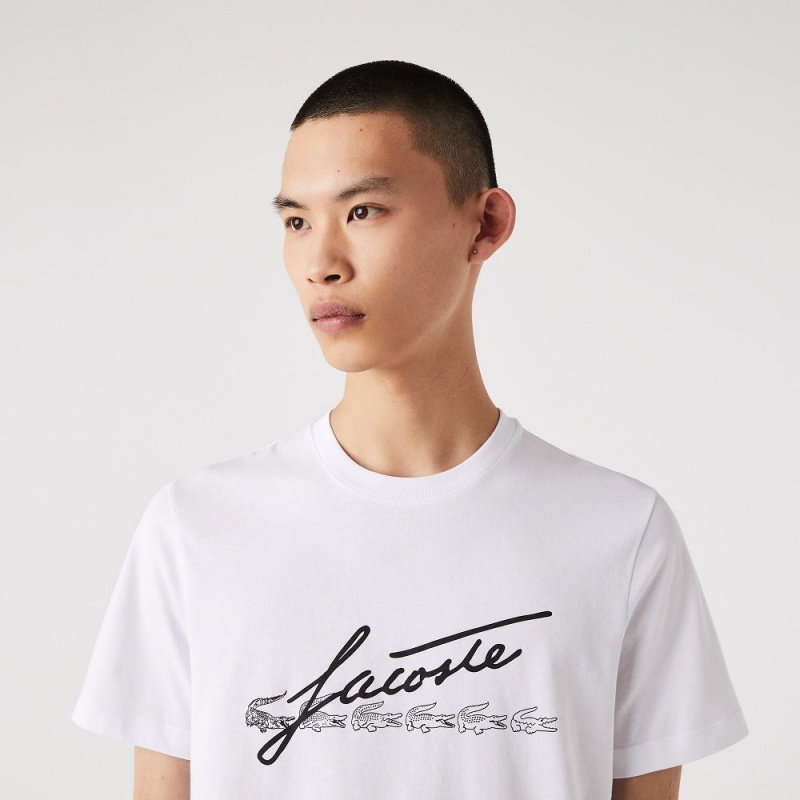 Men's Lacoste Signature And Crocodile Print Crew Neck Cotton T-Shirt White | IXF614375