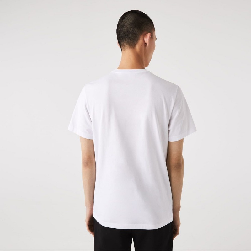 Men's Lacoste Signature And Crocodile Print Crew Neck Cotton T-Shirt White | IXF614375