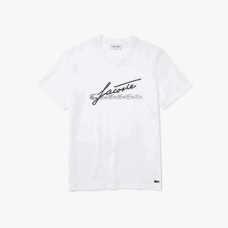 Men's Lacoste Signature And Crocodile Print Crew Neck Cotton T-Shirt White | IXF614375