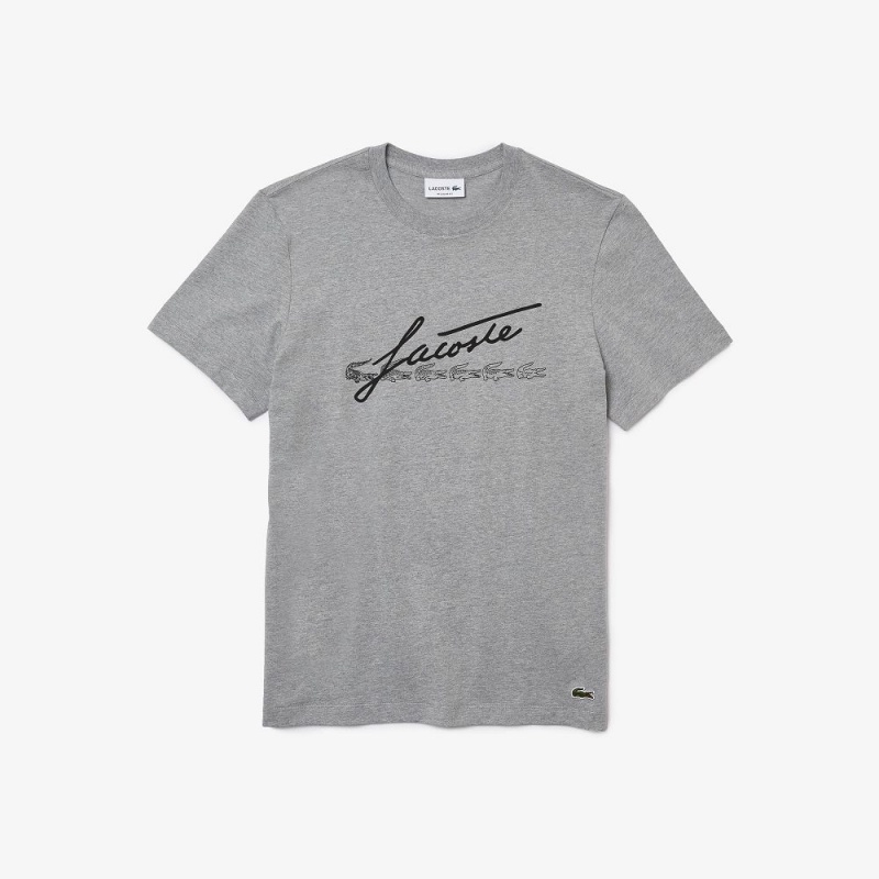 Men's Lacoste Signature And Crocodile Print Crew Neck Cotton T-Shirt Grey Chine | YDT652908