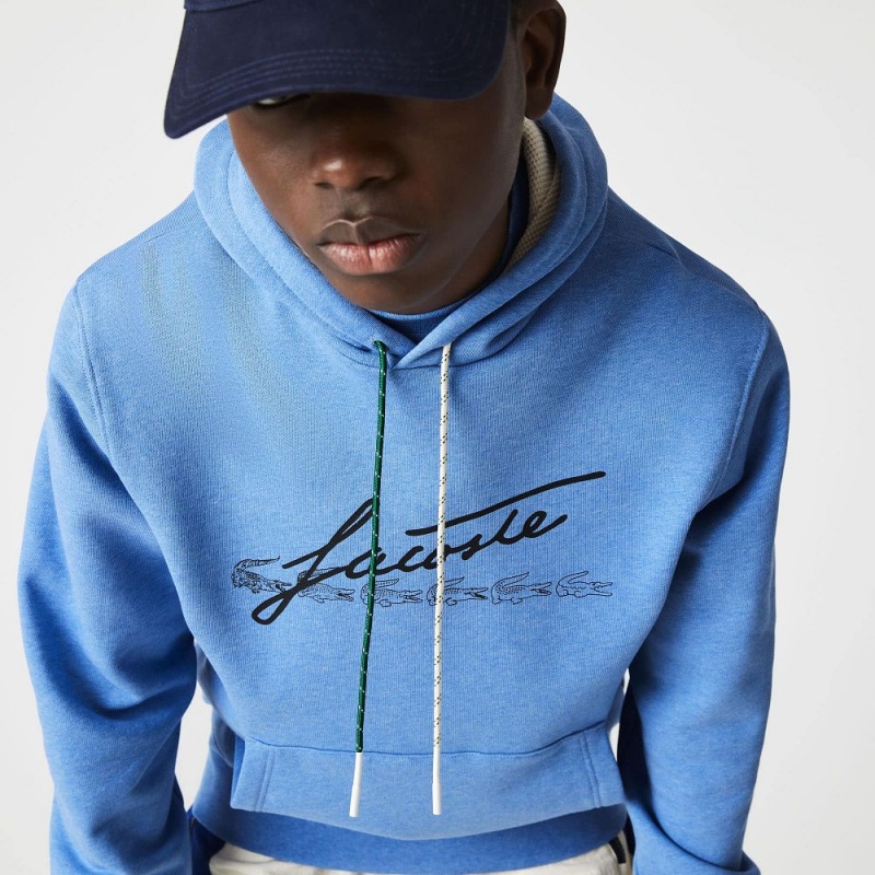 Men's Lacoste Signature Flecked Cotton Fleece Hoodie Blue Chine | TNP309642