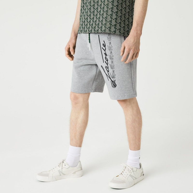 Men's Lacoste Signature Print Cotton Fleece Shorts Grey Chine | KCU394206