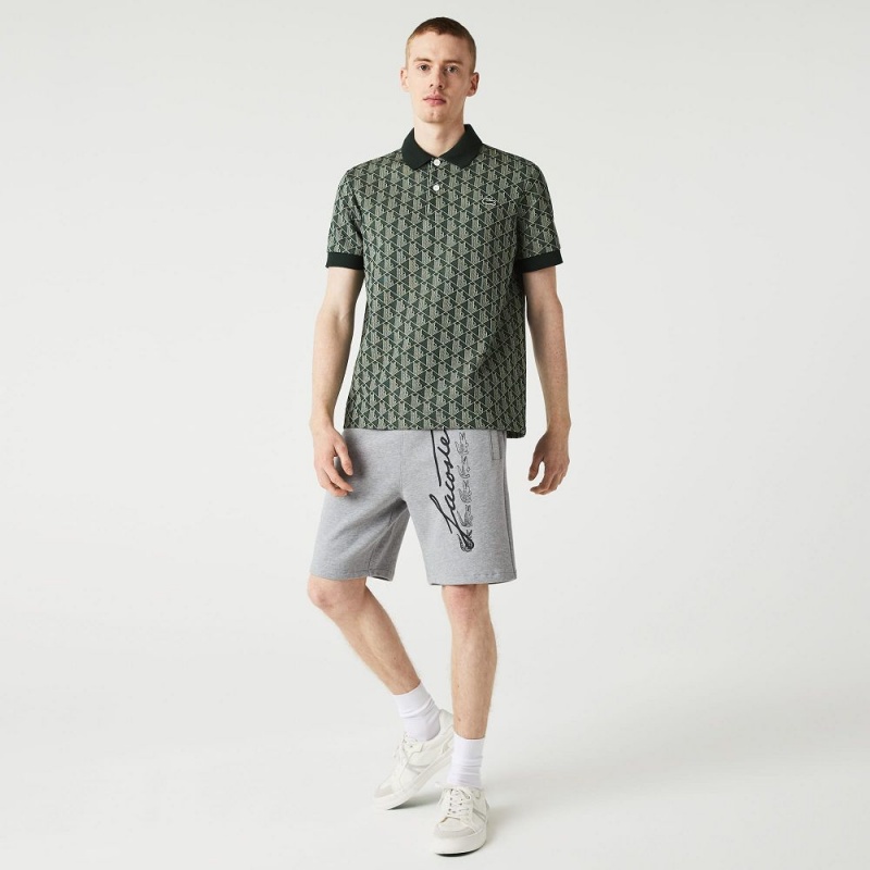 Men's Lacoste Signature Print Cotton Fleece Shorts Grey Chine | KCU394206