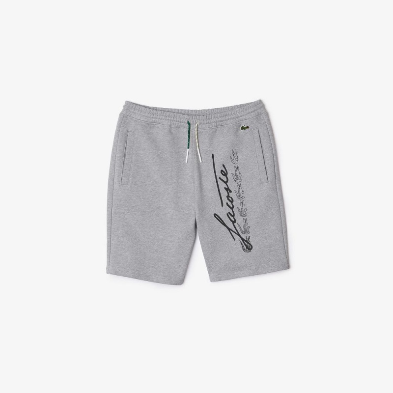 Men's Lacoste Signature Print Cotton Fleece Shorts Grey Chine | KCU394206