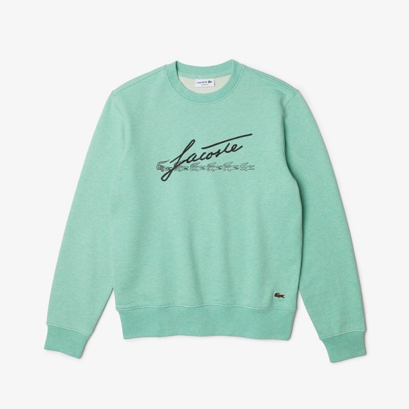 Men's Lacoste Signature Print Crew Neck Cotton Fleece Sweatshirt Green | XYU863205